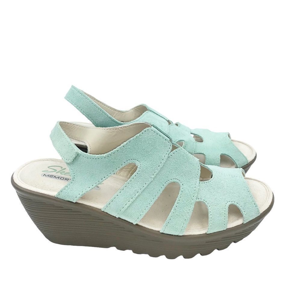 Sketchers Parallel Stylin Memory Foam Slingback suede Wedge Mint Sandals 6.5
